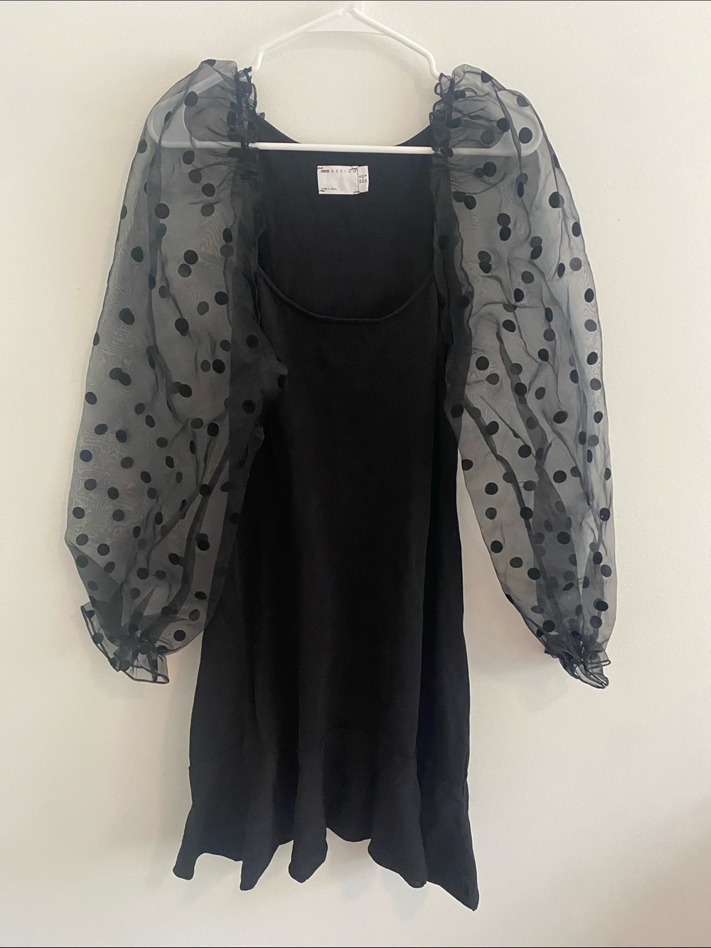 ASOS DESIGN Witchy Goth Knitted Dress w Organza Dotted Puff Sleeve Black Size 8